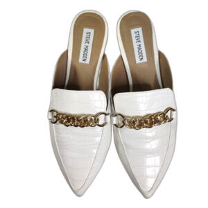 STEVE MADDEN Forever Chain Pointed Toe Mules 8.5 Women's White Embossed Shoes